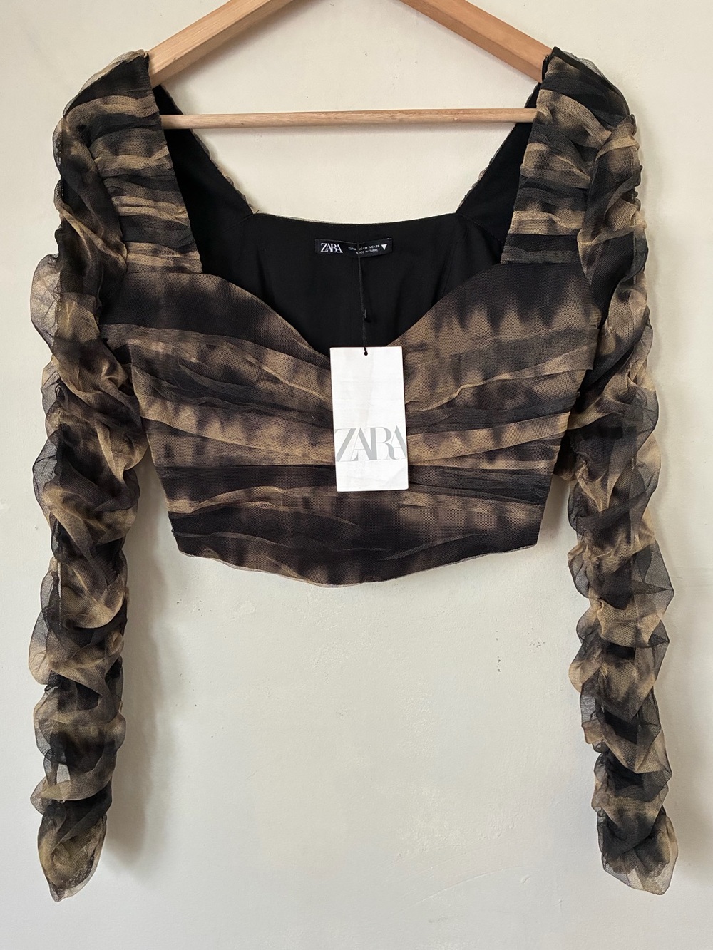 Zara Ruched Mesh Grunge Tie Dye Crop Top Brown Black Sweetheart Neck M Goth